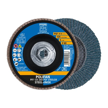Pferd 5" x 5/8-11 Thd. POLIFAN Flap Disc - Z PSF STEELOX, Zirconia, 60 Grit, Flat 63016